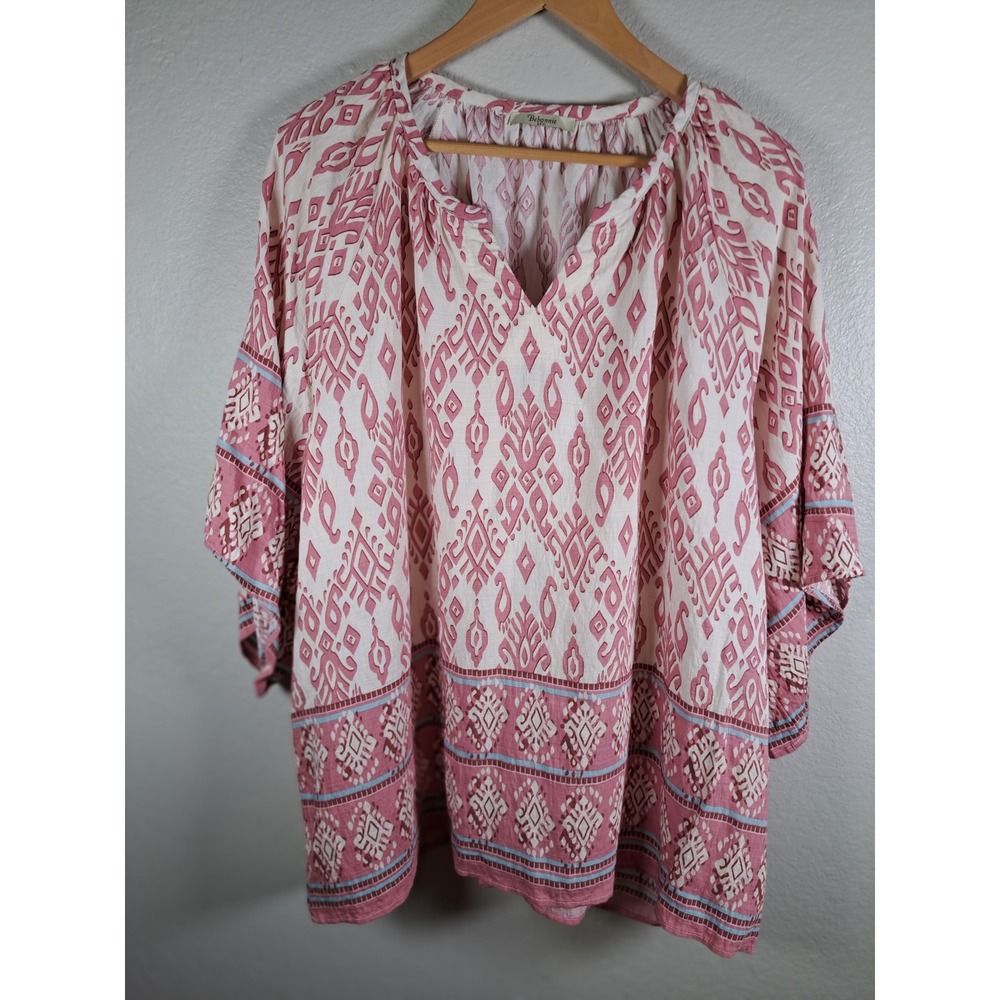 Bebonnie XXXL Pink White Ikat Geometric Split V-Neck Kimono Sleeve Tunic Blouse
